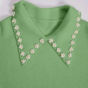 Pearl collar knit green sweater